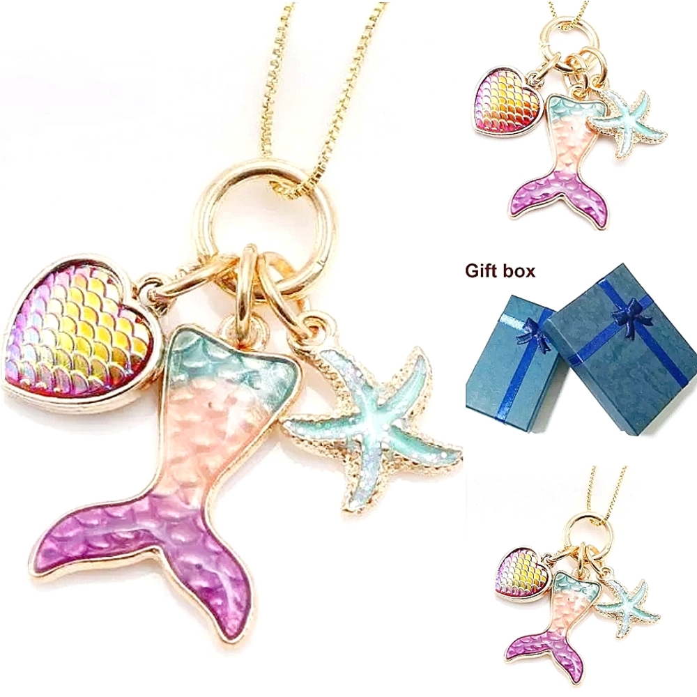 Gold plated mermaid heart tail starfish charm necklace